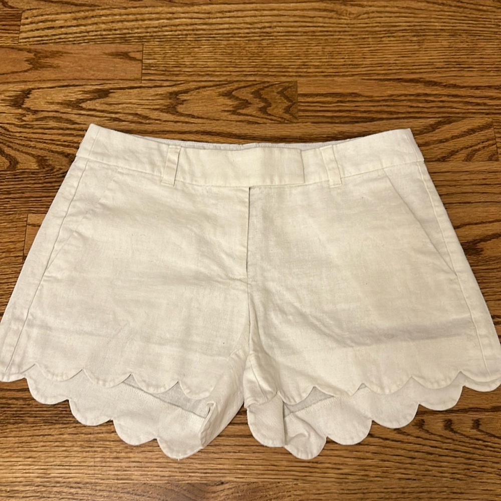 J Crew Women's Scalloped Hem Linen-Blend Shorts in White, Sz 2
